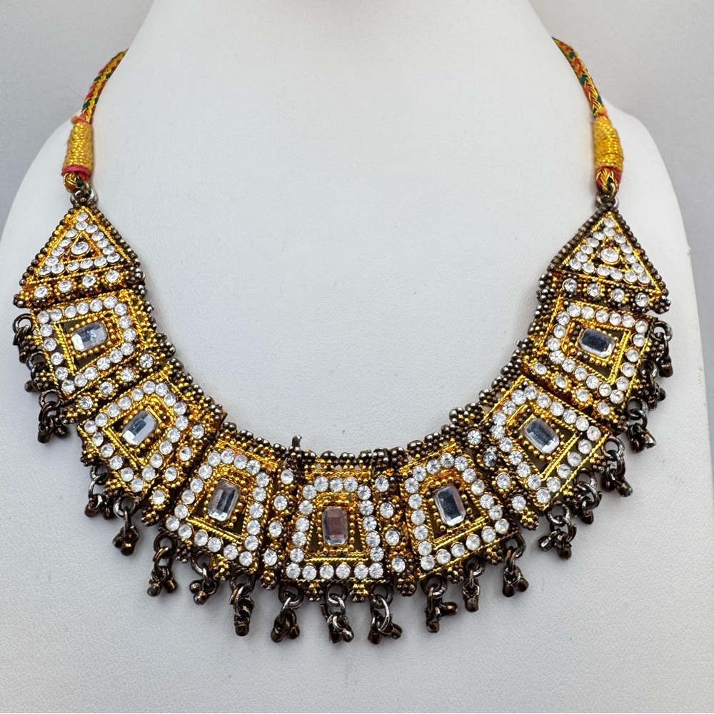 Vintage Crystal Bib Necklace Gold Tone Boho Statement Adjustable